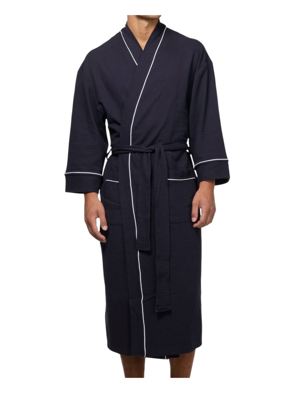 Sterling Men's Navy Blue Waffle Knit Bath Robe with White Contrast Piping Large